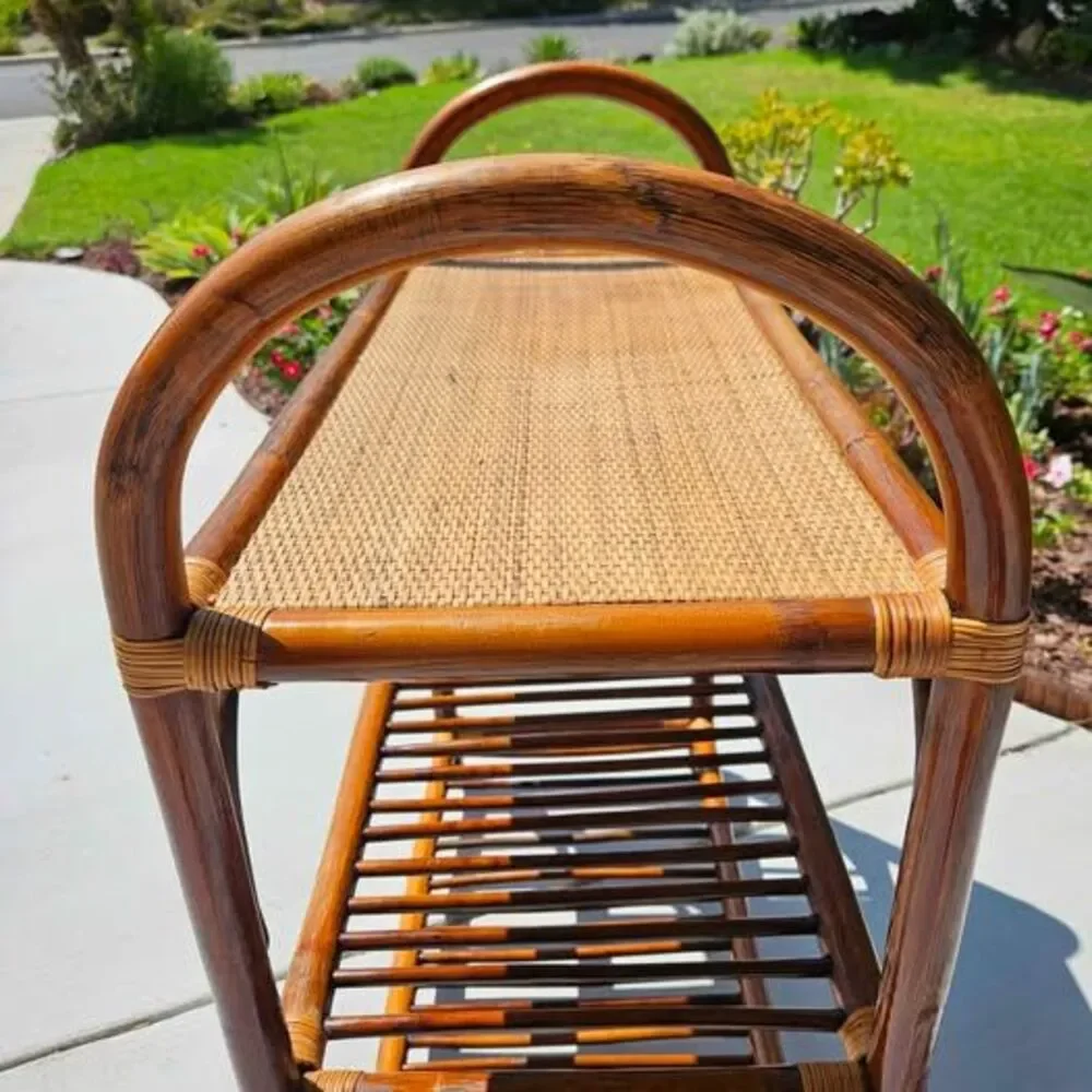 Vintage Rattan and Bamboo 3-Tier Bar Cart. Circa 1960'-70's